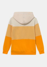 Felpa con cappuccio a strati di colori: beige, marrone chiaro, giallo senape e arancione brillante. Tessuto morbido con vestibilità comoda.