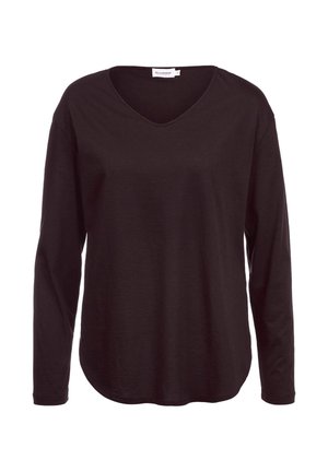 Zwarte langemouwen shirt van zacht materiaal met een V-hals en een afgeronde onderrand. Kenmerkt zich door een relaxte pasvorm en een eenvoudig ontwerp.
