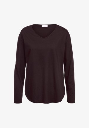 Schwarzes Langarmshirt aus weichem Stoff mit V-Ausschnitt und abgerundetem Saum. Bietet eine lässige Passform und ein schlichtes Design.