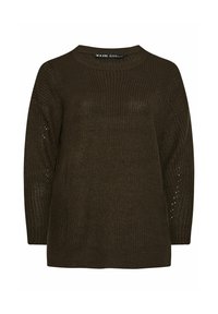 Olivgrön stickad tröja med rund halsringning, långa ärmar och öppna väver på sidorna, med en avslappnad passform.