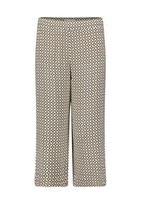 Geweven cropped broek met een geometrisch patroon in beige, zwart en crème kleuren, voorzien van een elastische tailleband voor extra comfort.