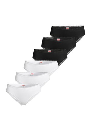 Kolme valkoista ja kolme mustaa naisten hipsteri-tyylistä alushousua, joissa on pitsireunus, aseteltuna kahteen vinotetaan valkoisella taustalla.