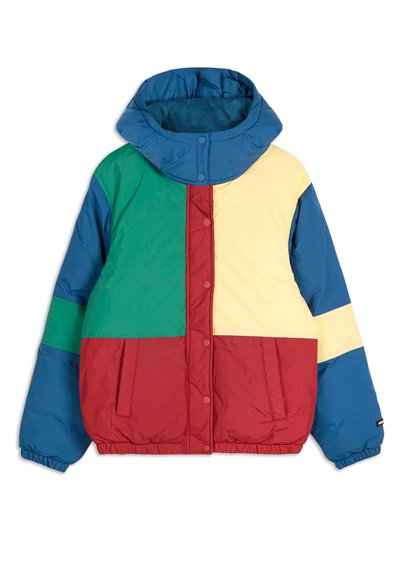 Color-blocked puffer jacket with blue hood, green and yellow upper panels, red front, and blue sleeves with elastic cuffs and snap-button closure.