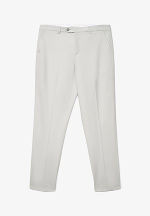 Hellgraue, maßgeschneiderte Hose mit vorderen Taschen, Gürtelschlaufen sowie Knopf- und Reißverschluss.