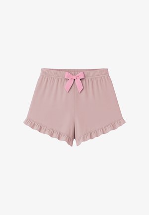 Vaaleanpunaiset puuvillashortsit, joissa on röyhelöhelma ja vaaleanpunainen nauha vyötäröllä. Pehmeä pinta ja joustava vyötärö mukavuutta varten.