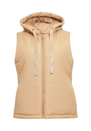 Gilet imbottito beige con cappuccio, dotato di zip frontale e cordini abbinati, tessuto liscio e silhouette aderente.
