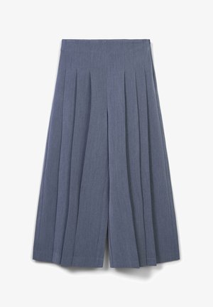 Jupe midi plissée bleu-gris avec de larges plis et une taille haute, présentée à plat sur un fond blanc.