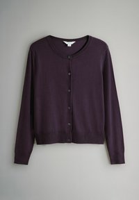Tumši violets, garām piedurknēm, ar pogām aiztaisāms kardigans ar apaļu kakla izgriezumu un ribveida aprocēm un apakšmalu, attēlots uz vienkārša pelēka fona.