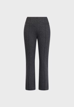 Pantaloni da donna grigi scuri in stile stretch con una vita aderente, gambe dritte e due tasche posteriori; presentano cuciture decorative lungo le cuciture.