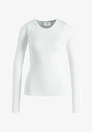 Valge pika varrukaga särk ribbeldatud kangast, ümmarguse kaelusega ja keha lähedane vorm. Sildi "JJXX" on näha kaeluse sees.