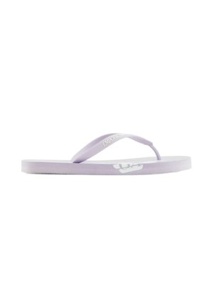 Infradito viola con suola texture, sottili cinghie e logo bianco. Design semplice incentrato sul comfort e sull'abbigliamento casual.
