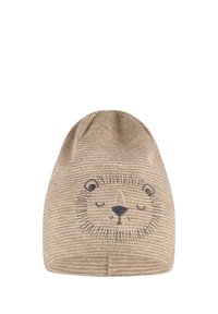 Beige and light brown striped knitted beanie with embroidered closed-eye bear face on the front.