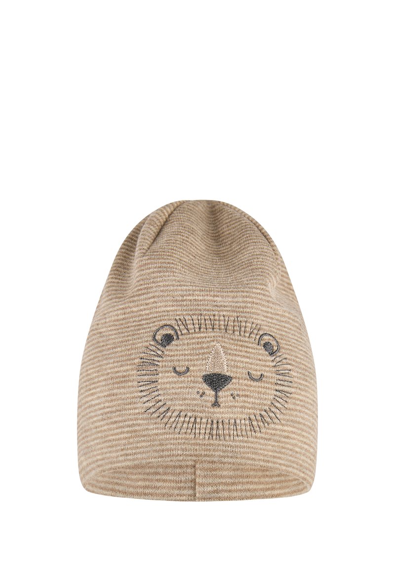 Beige and light brown striped knitted beanie with embroidered closed-eye bear face on the front.