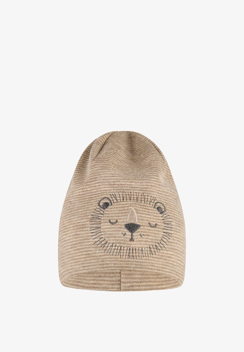 Beige and light brown striped knitted beanie with embroidered closed-eye bear face on the front.