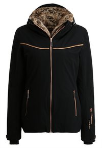 Schwarze Jacke mit einer Kapuze aus Kunstfell, Reißverschlusstaschen mit roségoldenen Akzenten und einem glatten, strukturierten Stoff. Hat ein figurbetontes Design.
