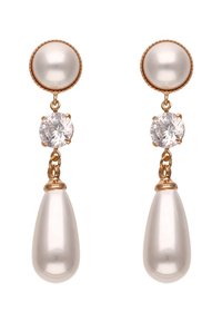 Pendientes colgantes de tono dorado que presentan una perla artificial redonda en la parte superior, un acento de piedra preciosa facetada transparente y un colgante en forma de lágrima con perla artificial.