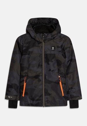 Børne sort og mørkegrå camouflage hættejakke med frontlynlås og orange lynlåslommer i siden.