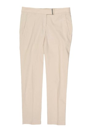 Pantalon beige à jambes droites avec poches latérales et fermeture à agrafe devant, présenté à plat sur fond blanc.