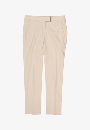 Pantalon beige à jambes droites avec poches latérales et fermeture à agrafe devant, présenté à plat sur fond blanc.