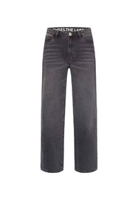 Black straight-leg jeans with faded texture, front pockets, belt loops, and button closure, displayed against a white background.