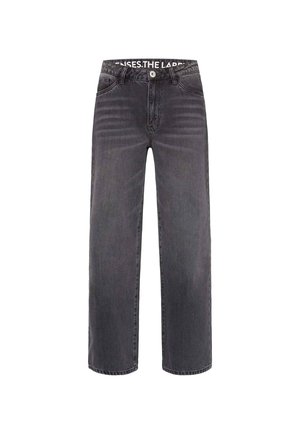 Black straight-leg jeans with faded texture, front pockets, belt loops, and button closure, displayed against a white background.