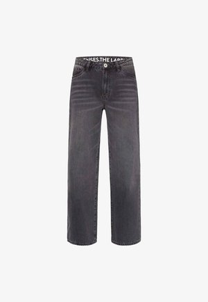 Black straight-leg jeans with faded texture, front pockets, belt loops, and button closure, displayed against a white background.