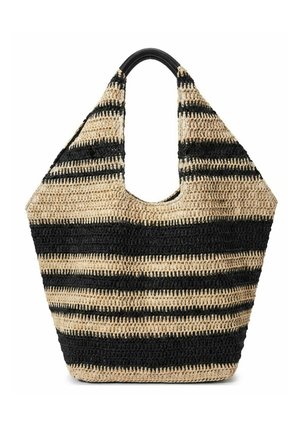 Bolso tote grande tejido en beige y negro con rayas, asa ancha y textura suave.