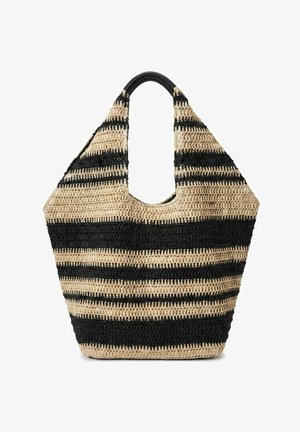 Grande borsa tote a righe beige e nere intrecciate con ampia maniglia e texture morbida.