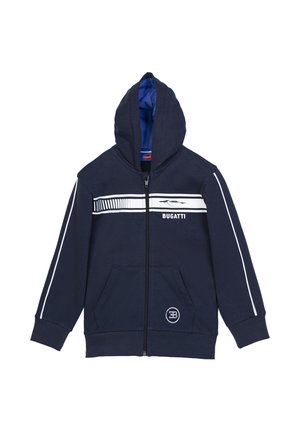 Navy blue zip-up hoodie with white stripes on sleeves, front chest graphic, front pockets, and Bugatti logo on pocket and chest.