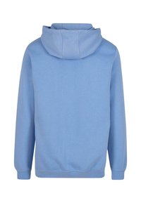 Felpa blu chiaro con cappuccio regolabile, maniche lunghe e vita a coste. Realizzata in un tessuto morbido con una texture liscia.