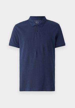 Navyblauw poloshirt van katoen met een drie-knopen sluiting, korte mouwen en een subtiele logo op de borst. Soepele textuur.
