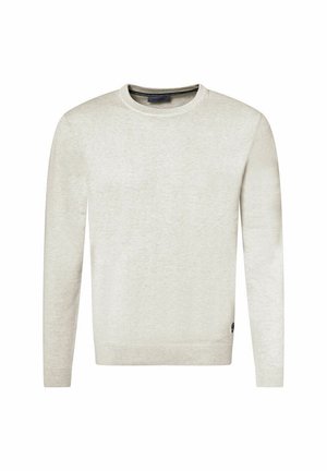 Hellgrauer Pullover mit Rundhalsausschnitt, langen Ärmeln, gerippten Bündchen und Saum, aus einem weichen, strukturierten Stoff. Kleines Logo am Saum.