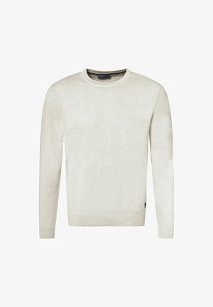 Hellgrauer Pullover mit Rundhalsausschnitt, langen Ärmeln, gerippten Bündchen und Saum, aus einem weichen, strukturierten Stoff. Kleines Logo am Saum.