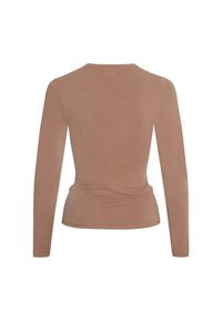 Maglia a maniche lunghe in marrone chiaro, design aderente. Tessuto morbido con una texture liscia. Collo rotondo e leggera arricciatura in vita.