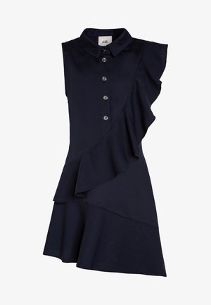 Granatowa sukienka bez rękawów z listwą na guziki, falbanką po lewej stronie i rozkloszowanym dołem. Wykonana z gładkiej tkaniny.