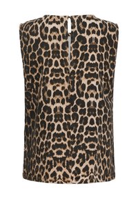 Haut sans manches avec motif léopard beige et noir et une petite ouverture en forme de goutte dans le dos avec fermeture par bouton.