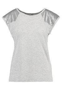 Grå kortärmad t-shirt med paljettsilverdetaljer på axelsömmarna. Mjuk tyg med en avslappnad passform och rund halsringning.