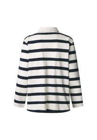 Langärmeliges Poloshirt in Weiß mit navyblauen Horizontalstreifen. Es verfügt über einen klassischen Kragen und besteht aus weichem Baumwollmaterial für Komfort und Haltbarkeit.