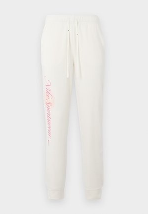 Pantaloni felpa bianchi con design affusolato, con il logo rosa "Nike Sportswear" sulla gamba sinistra e vita elastica con lacci.