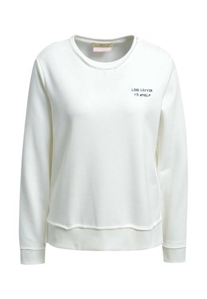 White long-sleeve crewneck sweatshirt with ribbed cuffs and hem, featuring small embroidered text "LOVE LETTER TO MYSELF" on left chest.