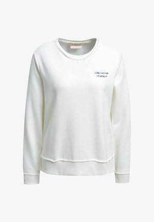 White long-sleeve crewneck sweatshirt with ribbed cuffs and hem, featuring small embroidered text "LOVE LETTER TO MYSELF" on left chest.