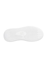 Sole di sneaker bianca con modelli di grip testurizzati e forme rettangolari. Presenta un design piatto e bordi arrotondati. Contrassegnata con dettagli sulla taglia e sul marchio.