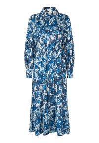 Blau-weißes Blumen-Midikleid mit langen Ärmeln, einem kragenförmigen Ausschnitt, Knopfverschluss und gestuftem Rockdetail. Glatte Stofftextur.