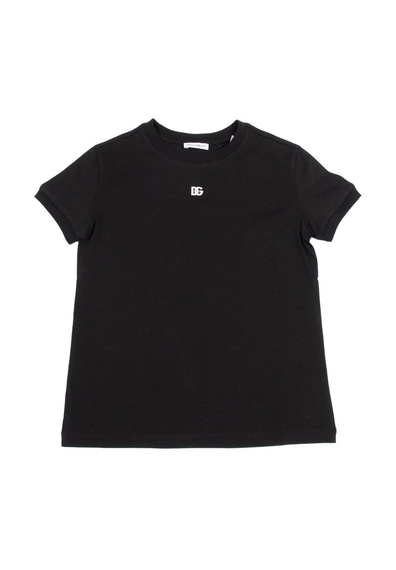 T-shirt nera a maniche corte con un piccolo logo "DG" bianco centrato vicino al collo, distesa su uno sfondo bianco.