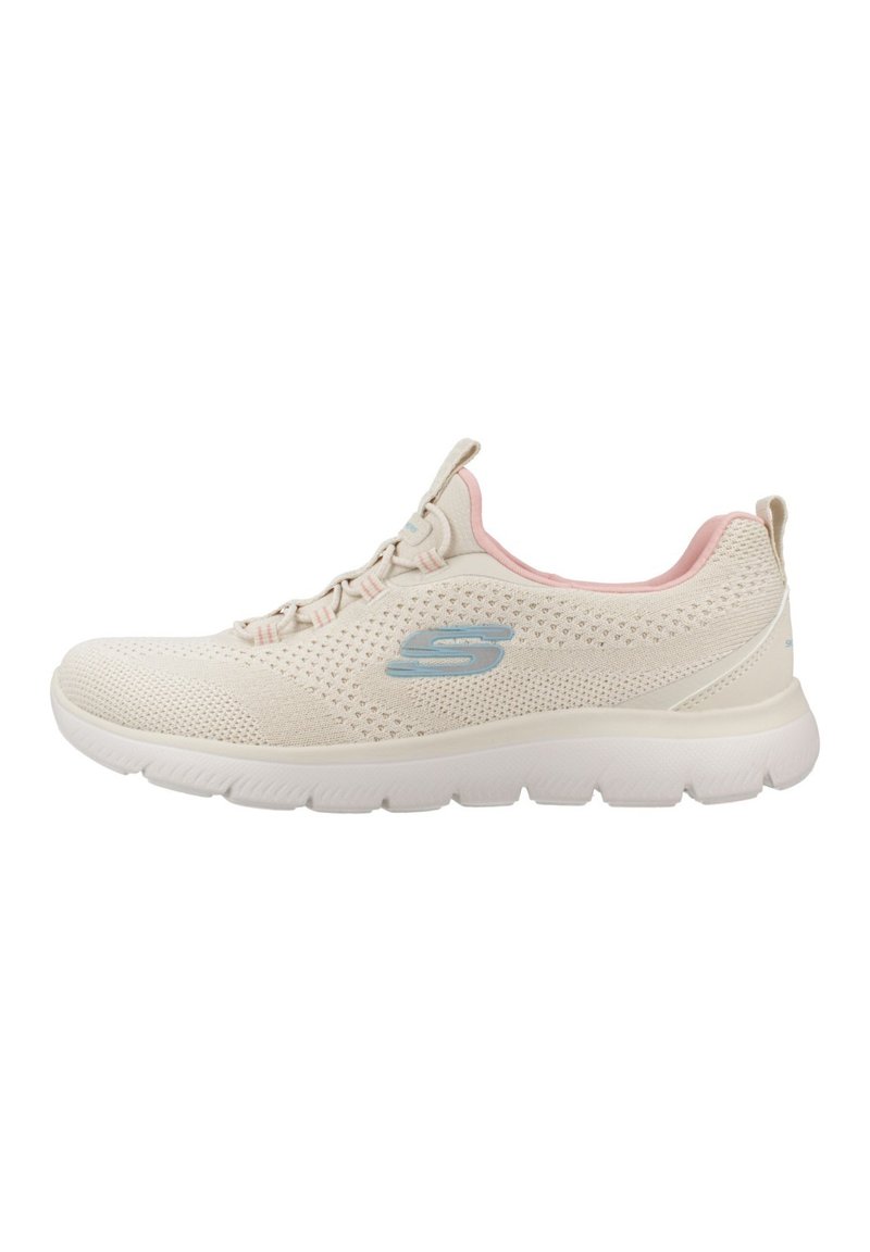 Scarpe sportive beige chiaro con tomaia in rete, dettagli rosa e suola bianca ammortizzata; dotate di lacci e design flessibile per il massimo comfort.
