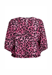 Roza bluzica z črnim leopardjim potiskom, napihnjeni polovičasti rokavi, zapiranje na hrbtni strani s ključavnico in nabrana obroba.