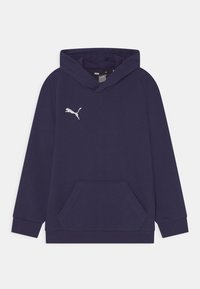 Sudadera con capucha de color azul marino, confeccionada con tejido suave, que cuenta con un bolsillo frontal, puños acanalados y un logo de Puma blanco en el pecho.