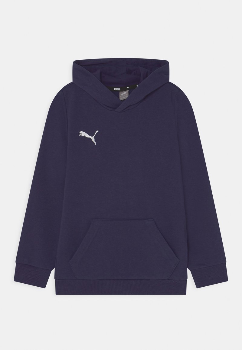 Sudadera con capucha de color azul marino, confeccionada con tejido suave, que cuenta con un bolsillo frontal, puños acanalados y un logo de Puma blanco en el pecho.