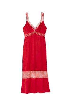 Rotes Kleid aus leichtem Stoff mit Spitzenakzenten am Ausschnitt und Saum. Verfügt über verstellbare Träger und einen ausgestellt geschnittenen Saum.