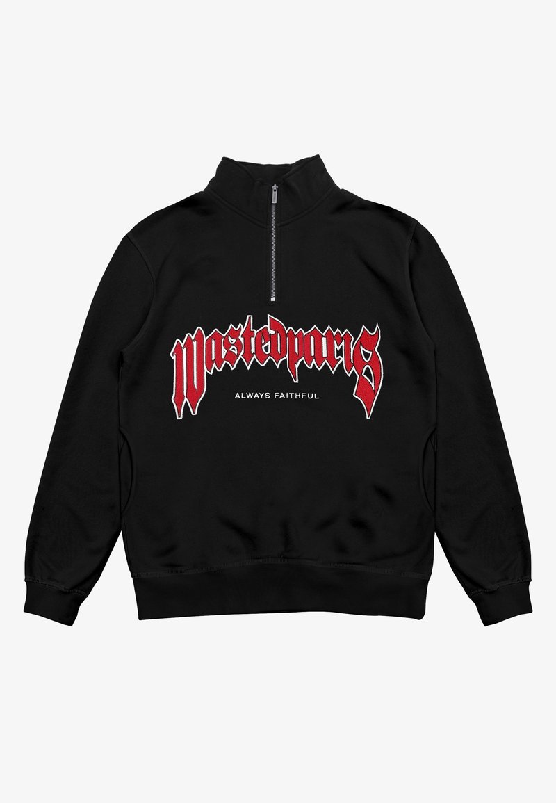 Sweat-shirt noir à quart de fermeture zippée avec texte gothique rouge "Wastedparis" et texte blanc "Always Faithful" sur la poitrine, manches longues et poignets côtelés.